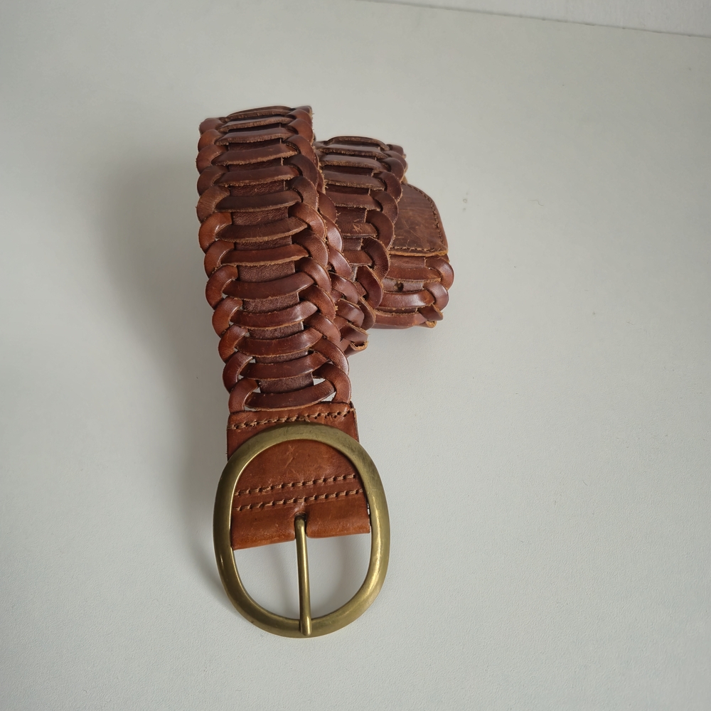 Braided Brown Leather Men’s Belt with Brass Buckle, Vintage Cottagecore